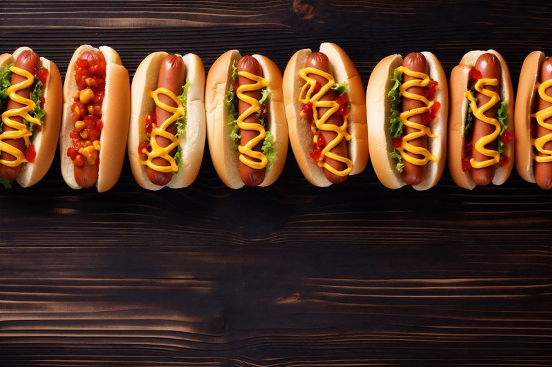 bun dog meat background food bread sausage hot fast sauce american. Generative AI.