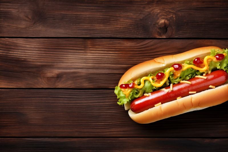 sausage dog american meat hot sauce fast food bread tomato background. Generative AI.