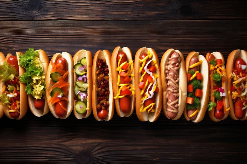 dog fast sauce hot sausage american meat snack food bread background. Generative AI.