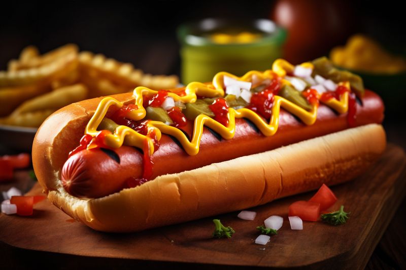 meat dog fat sauce food fast hot background sausage bread american. Generative AI.