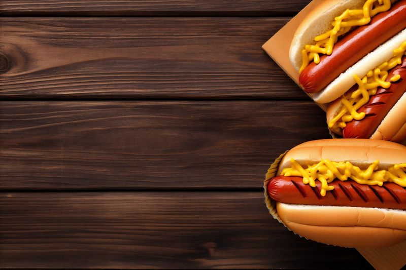 hot dog food american fast meat beef sauce background bread sausage. Generative AI.