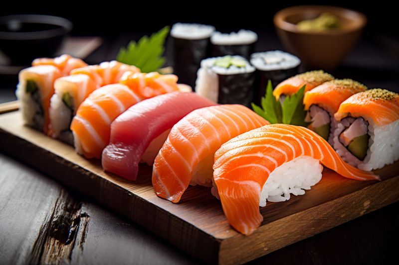 fish meal seafood sushi japan rice set japanese food roll. Generative AI.