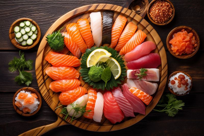 japanese fish set meal roll seafood rice food sushi japan. Generative AI.