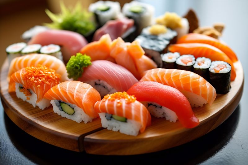 food meal japan sushi fish rice japanese seafood roll set. Generative AI.