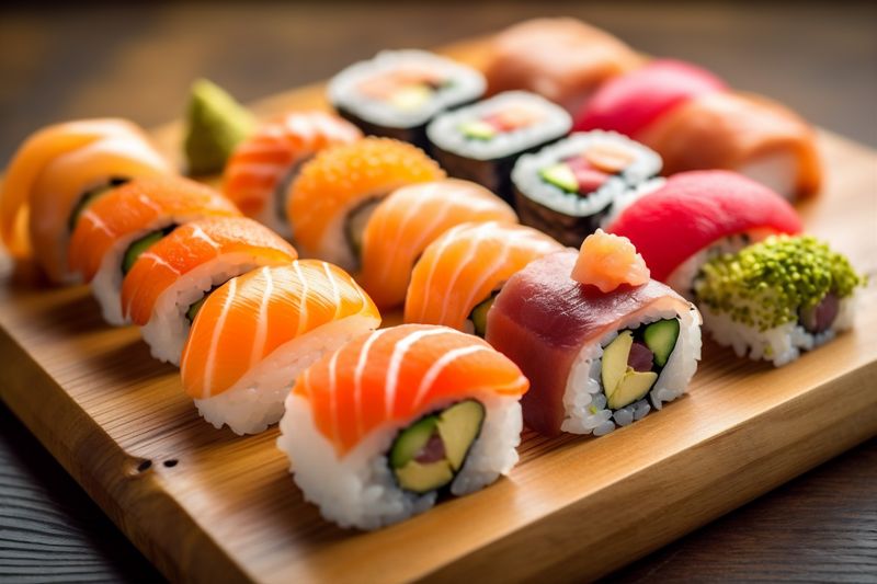 set sushi japanese rice roll food fish japan seafood meal. Generative AI.