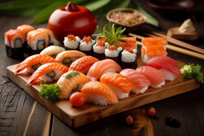 roll set fish seafood meal rice japanese japan sushi food. Generative AI.