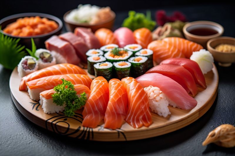 roll meal set seafood japan food sushi fish japanese rice. Generative AI.