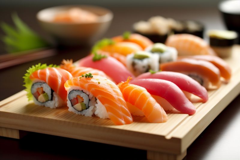 set fish seafood sushi japanese japan meal roll rice food. Generative AI.
