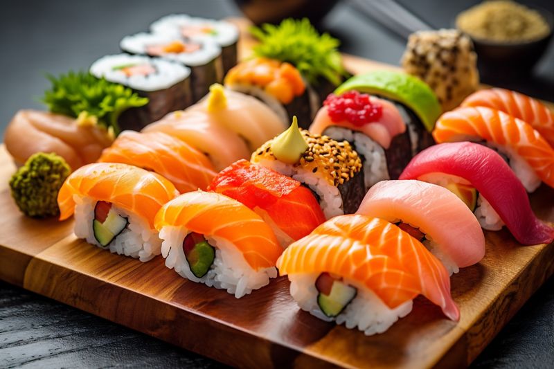 sushi food roll rice set seafood japanese japan fish meal. Generative AI.