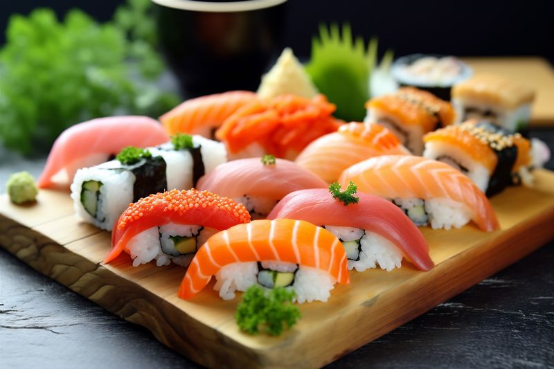 seafood rice roll japan food sushi set japanese fish meal. Generative AI.