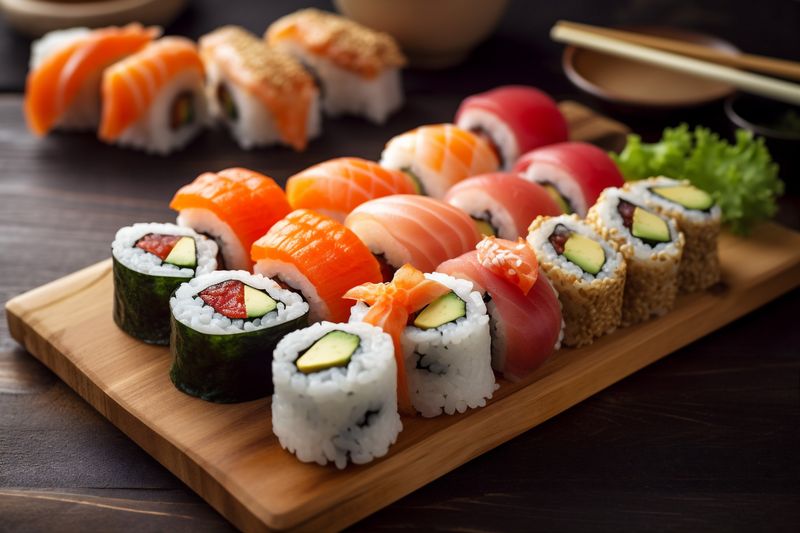 set food sushi meal japan seafood japanese roll fish rice. Generative AI.