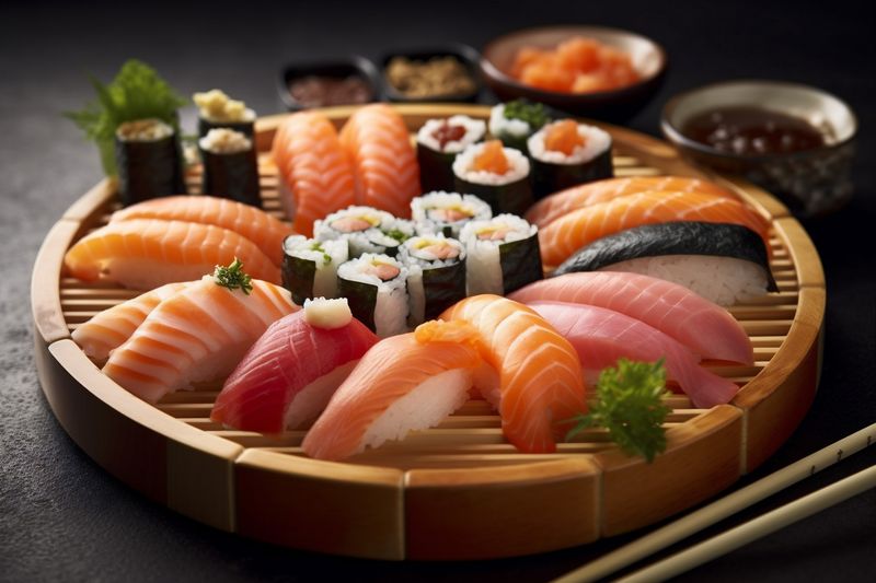 sushi japan set japanese roll fish food seafood meal rice. Generative AI.