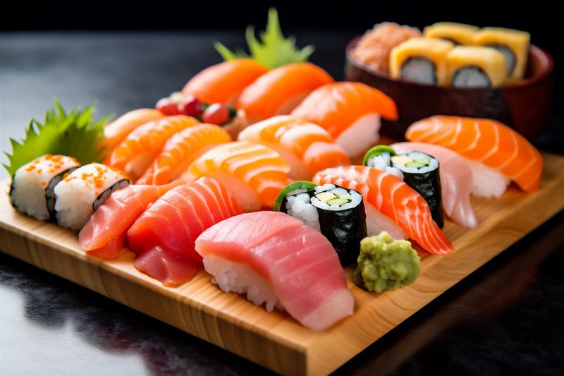 seafood fish japan food japanese sushi rice roll meal set. Generative AI.