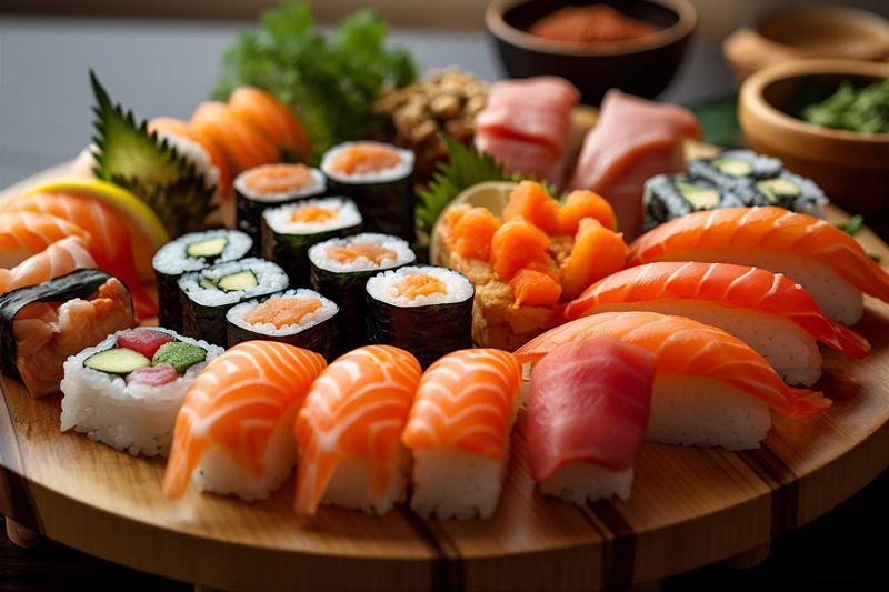 fish sushi rice food roll seafood japan set meal japanese. Generative AI.