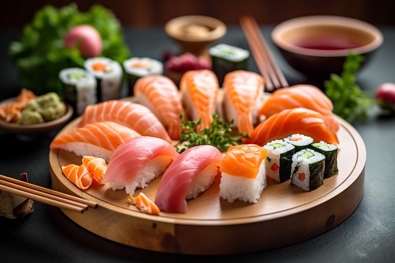 set rice sushi seafood meal japanese fish food roll japan. Generative AI.