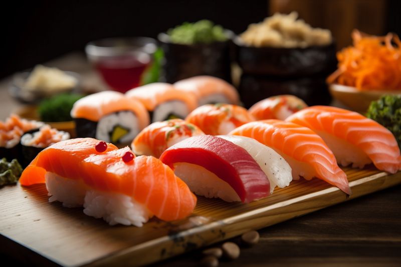 roll fish sushi japanese japan meal seafood rice set food. Generative AI.