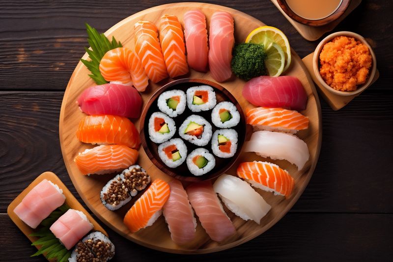japan seafood roll food sushi meal set fish japanese rice. Generative AI.