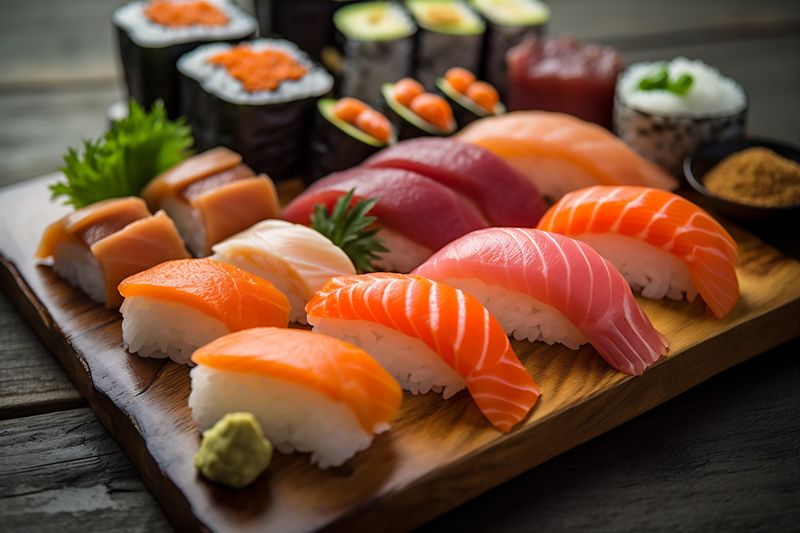 japanese meal rice food fish roll japan sushi seafood set. Generative AI.