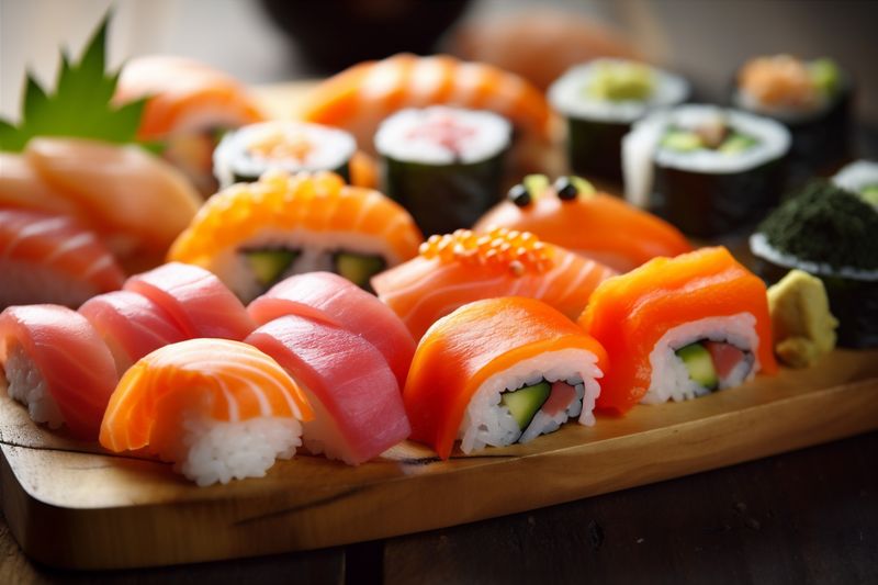 sushi japanese set meal japan fish rice food roll seafood. Generative AI.