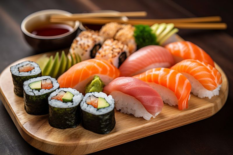roll sushi set japan seafood fish meal japanese rice food. Generative AI.
