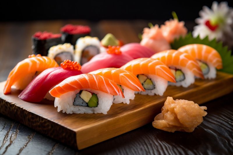 japanese fish japan meal sushi seafood rice food roll set. Generative AI.