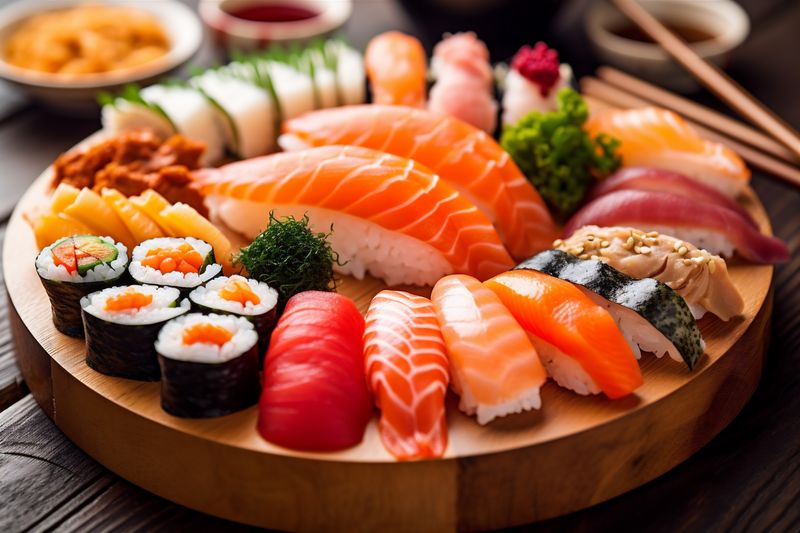 fish set japanese seafood food rice sushi meal roll japan. Generative AI.