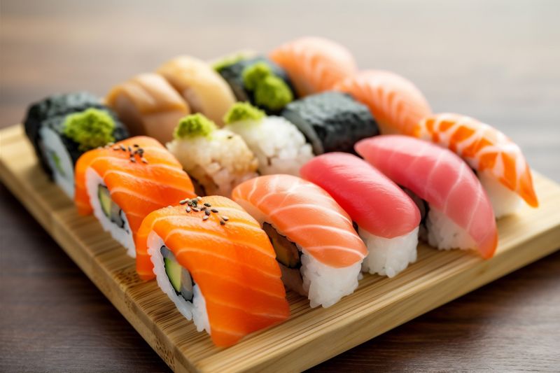 roll japan japanese food rice seafood meal fish set sushi. Generative AI.