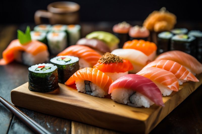 japan meal roll rice sushi fish japanese seafood food set. Generative AI.