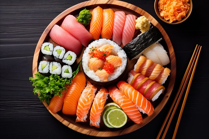 fish food meal rice sushi set seafood japanese japan roll. Generative AI.