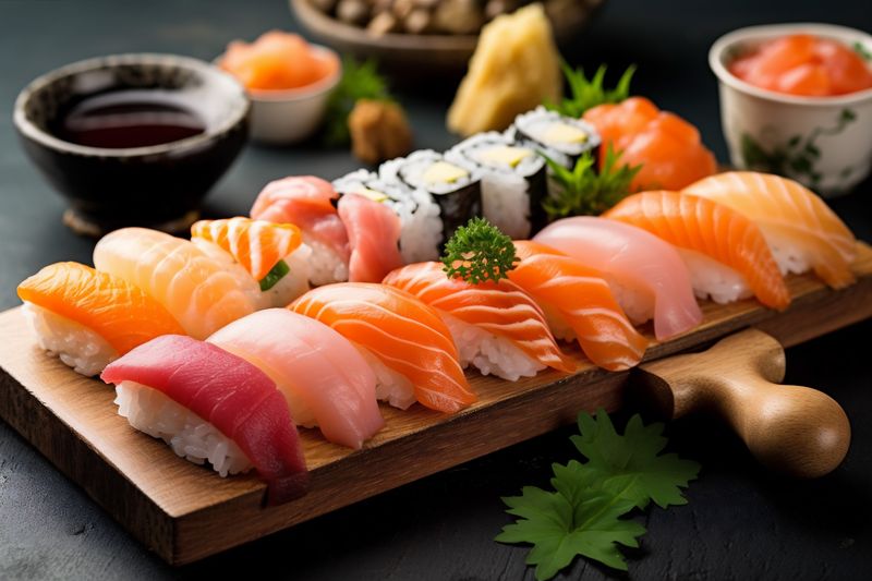 seafood food rice meal roll set japanese japan sushi fish. Generative AI.