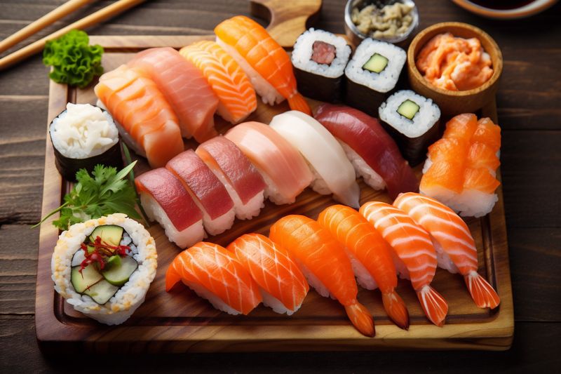 roll meal seafood food sushi japan fish japanese set rice. Generative AI.