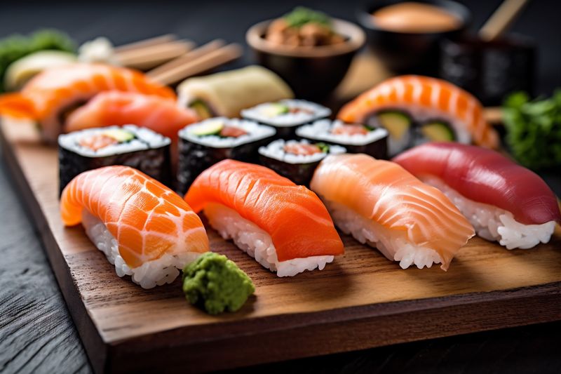seafood japanese roll japan meal fish rice food sushi set. Generative AI.