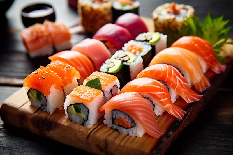 rice meal set roll japanese food sushi japan seafood fish. Generative AI.