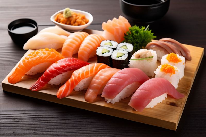 rice sushi meal fish seafood set japanese japan roll food. Generative AI.