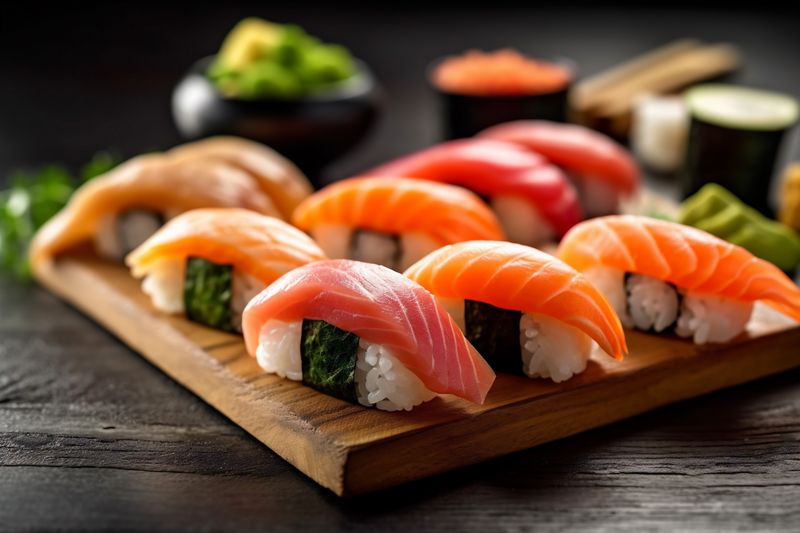 japan japanese meal rice set sushi roll fish seafood food. Generative AI.