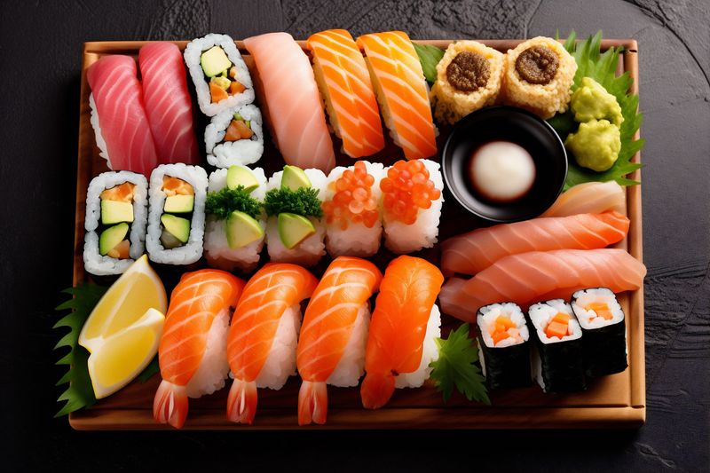 set japanese roll meal rice japan fish sushi food seafood. Generative AI.