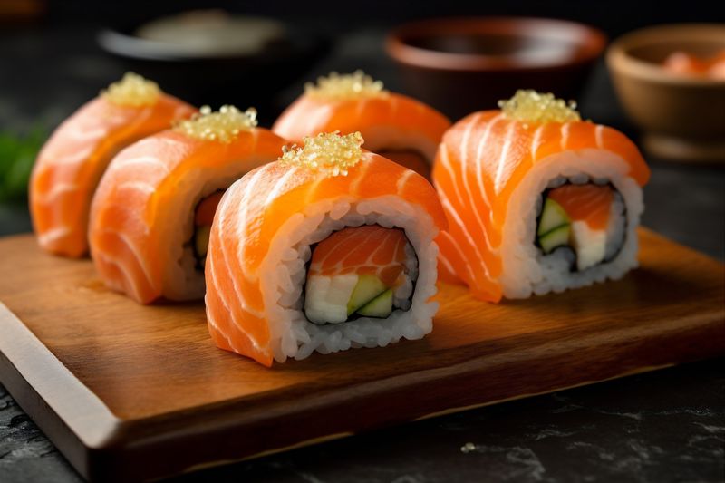 meal food seafood set japanese sushi rice japan fish roll. Generative AI.