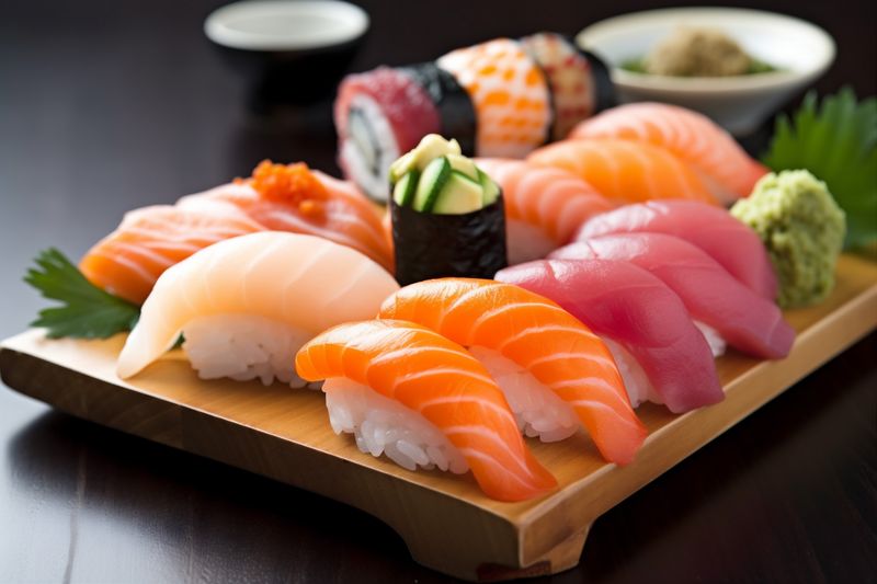 meal japanese japan seafood fish rice sushi food roll set. Generative AI.