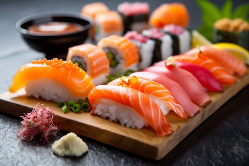 sushi japanese set roll rice fish meal seafood japan food. Generative AI.