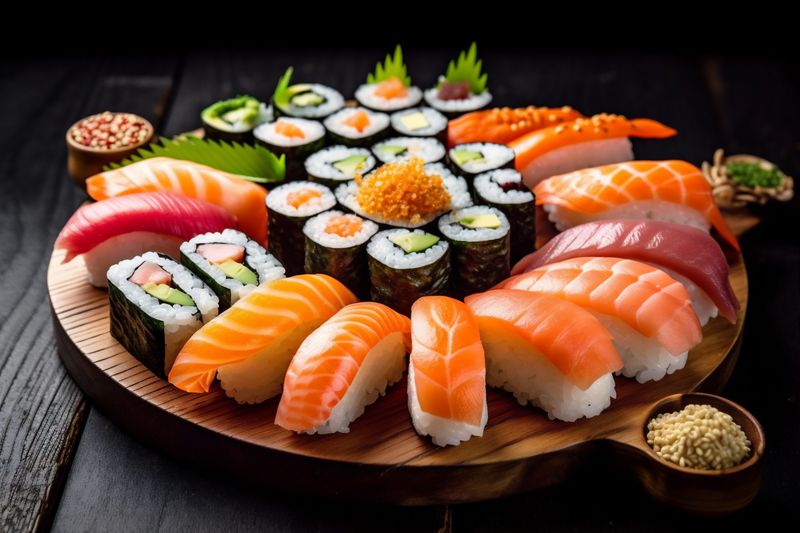 rice roll seafood meal sushi japan food set japanese fish. Generative AI.