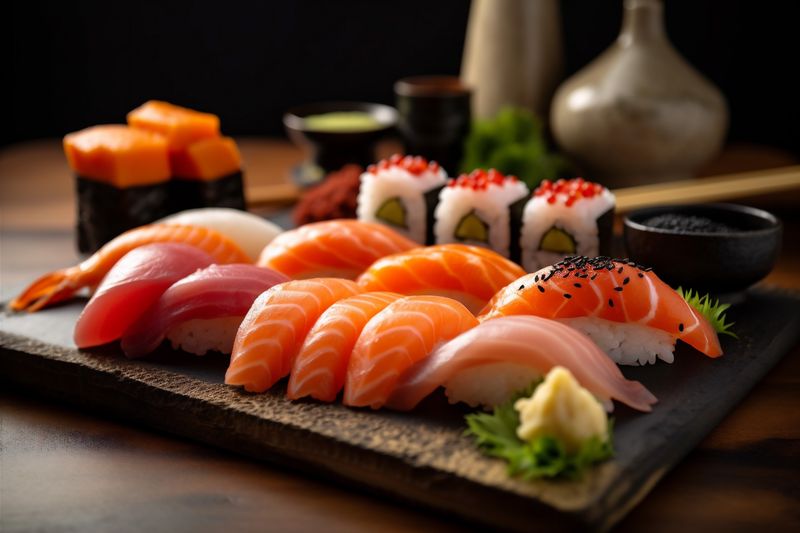 sushi meal seafood roll fish japanese rice food set japan. Generative AI.
