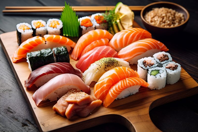 fish japanese seafood rice roll sushi meal food japan set. Generative AI.