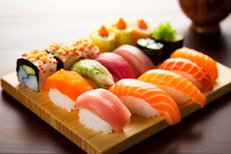 meal food rice fish seafood roll japanese set japan sushi. Generative AI.