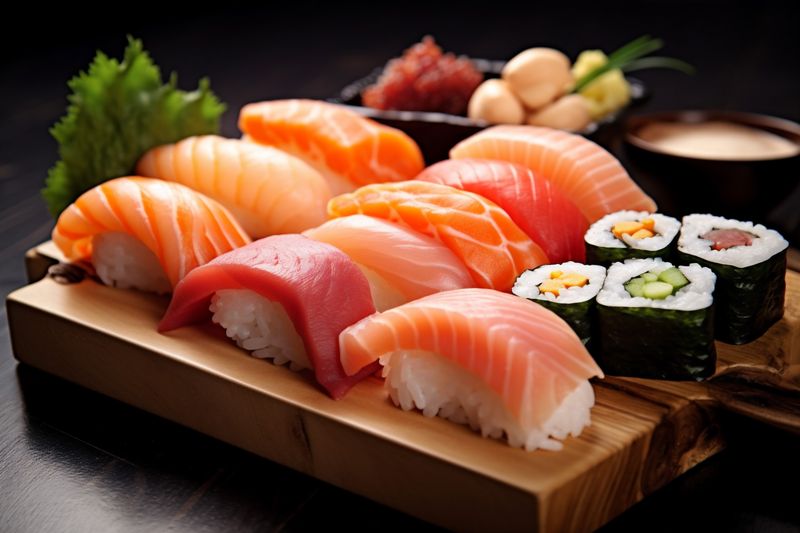 japanese food rice roll meal japan set seafood sushi fish. Generative AI.