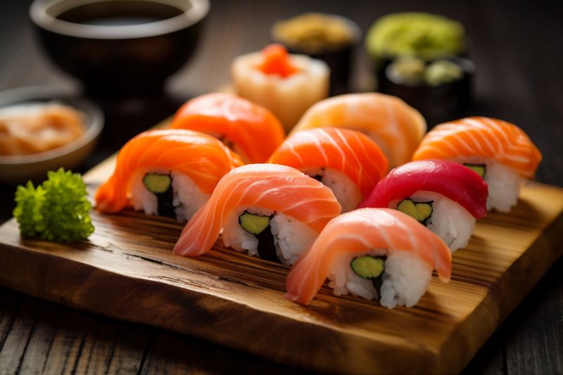 set meal seafood food sushi roll japan rice japanese fish. Generative AI.