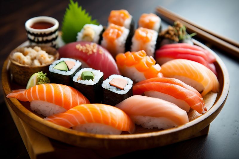 japan fish meal roll seafood set japanese sushi rice food. Generative AI.