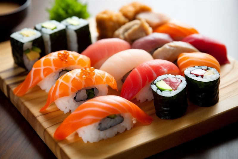 seafood roll sushi fish japanese food set japan rice meal. Generative AI.