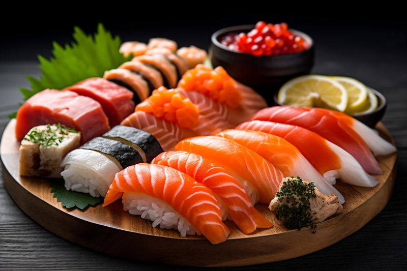 japanese rice roll meal sushi seafood fish japan food set. Generative AI.