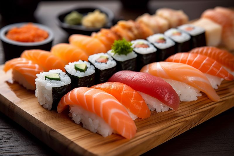 roll japan food meal japanese seafood sushi set rice fish. Generative AI.