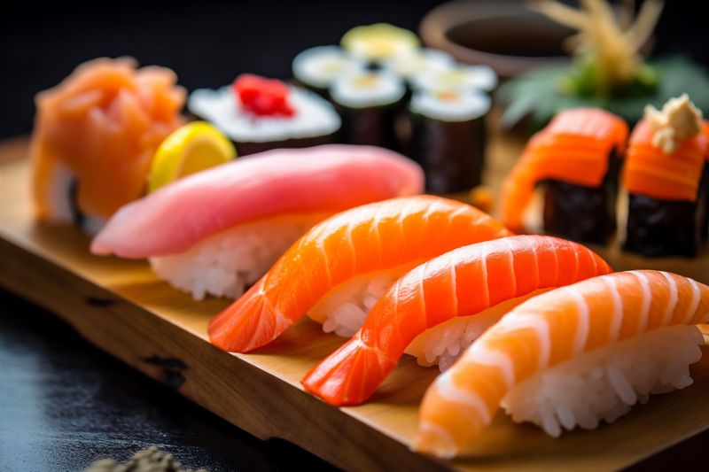 meal set rice japanese roll japan food sushi seafood fish. Generative AI.